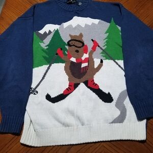 Saks Fifth Avenue Blue Skiing Bear Crewneck Sweater